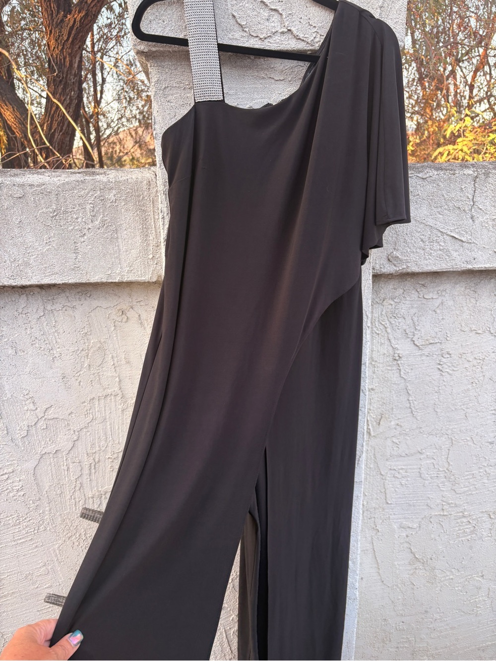 One-Shoulder Black Evening Jumpsuit with Embellished Strap